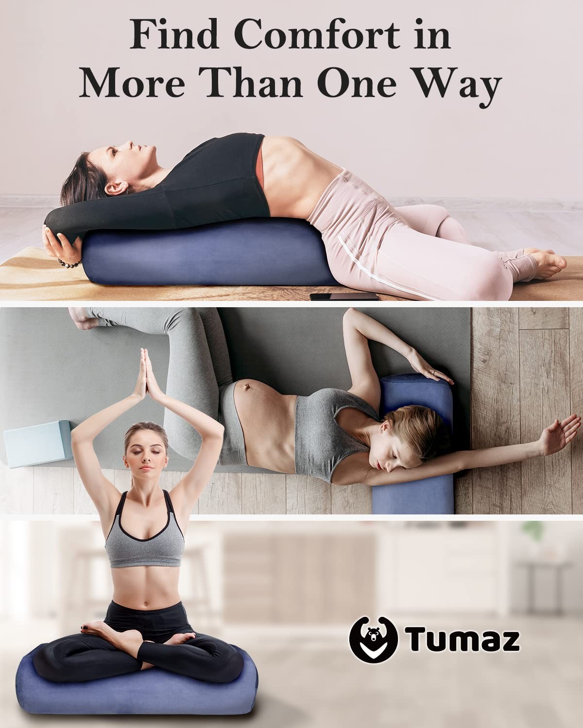 Tumaz Yoga Bolster Set – Rectangular 27.6&Prime; x 9.8&Prime; x 5&Prime;, Classic Blue