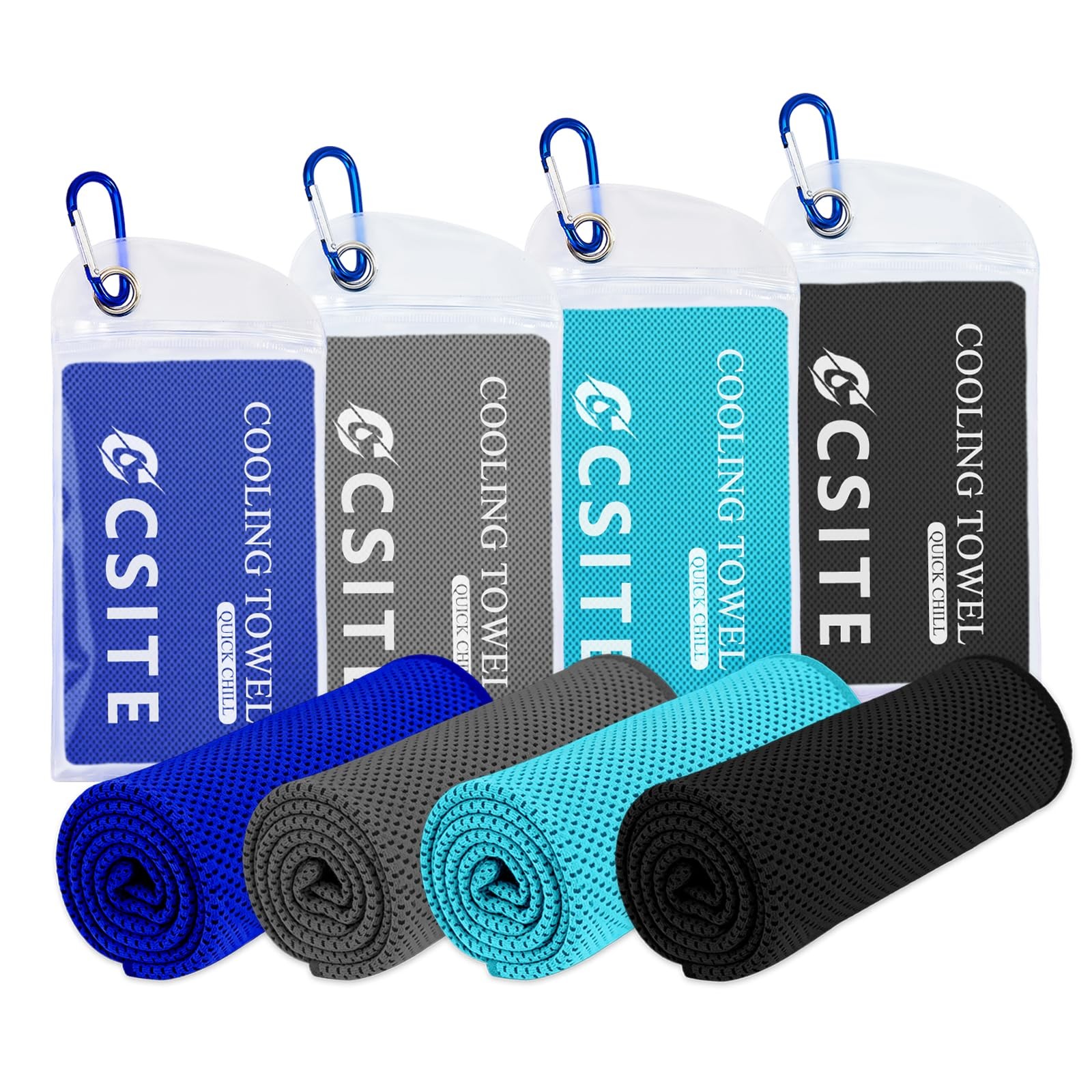 CSITE 4 Pack Cooling Towels 47&Prime; x 12&Prime;, Dark Blue/Dark Gray/Lake Blue/Black