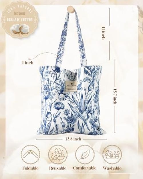 Aesthetic Tote Bag for Women – Reusable Shoulder Bag with White Blue Flowers