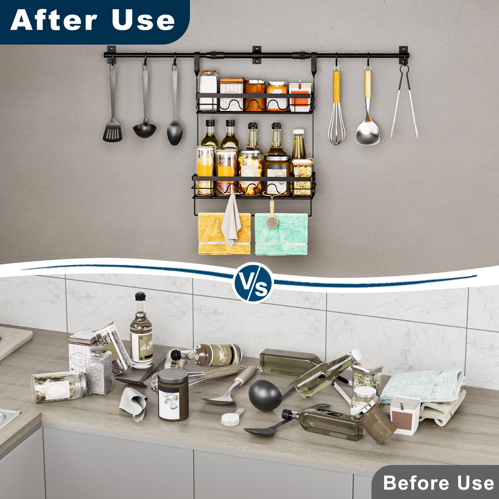 Spice Rack Wall Mount Retractable Bracket with Towel Bar Hooks | Reinforced W…