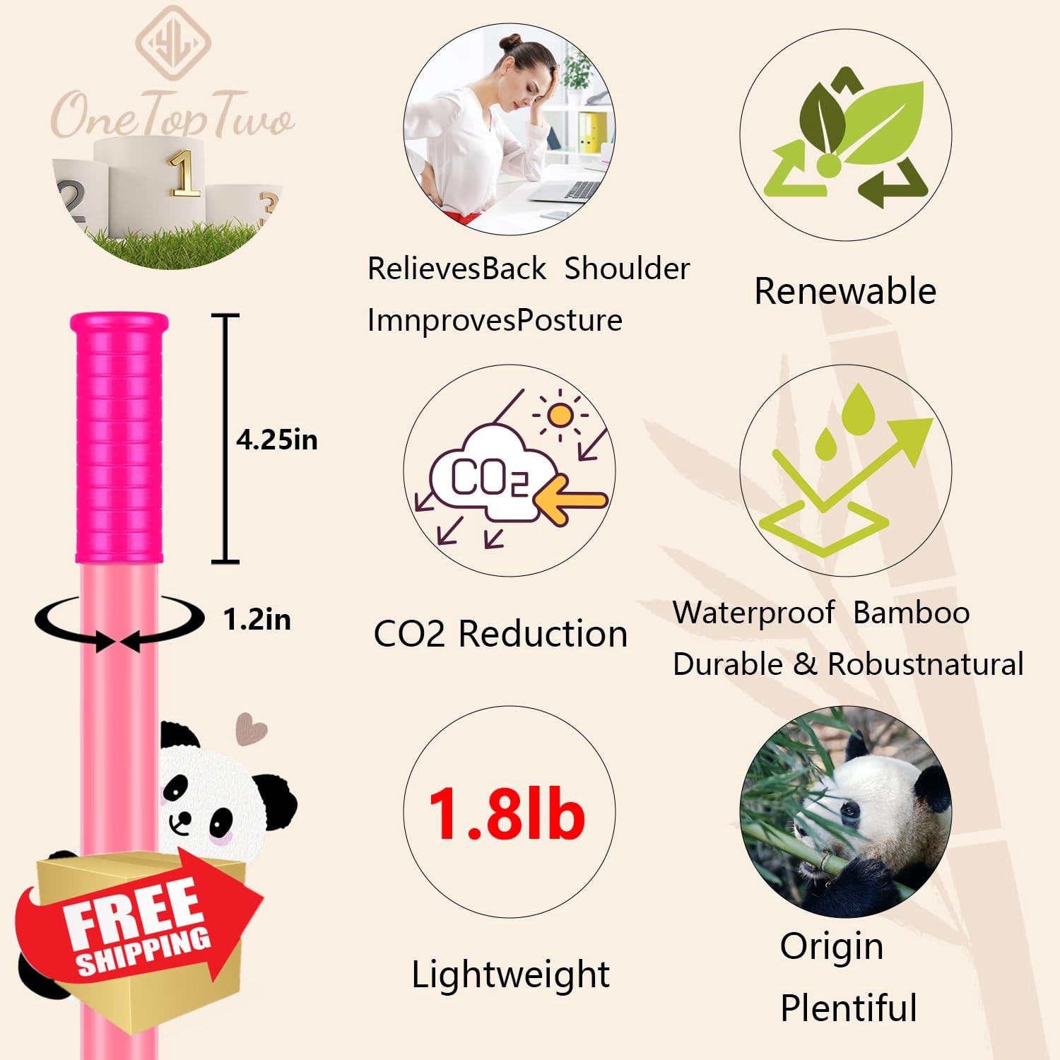 OneTopTwo Bamboo Yoga Stick All Pink 5ft