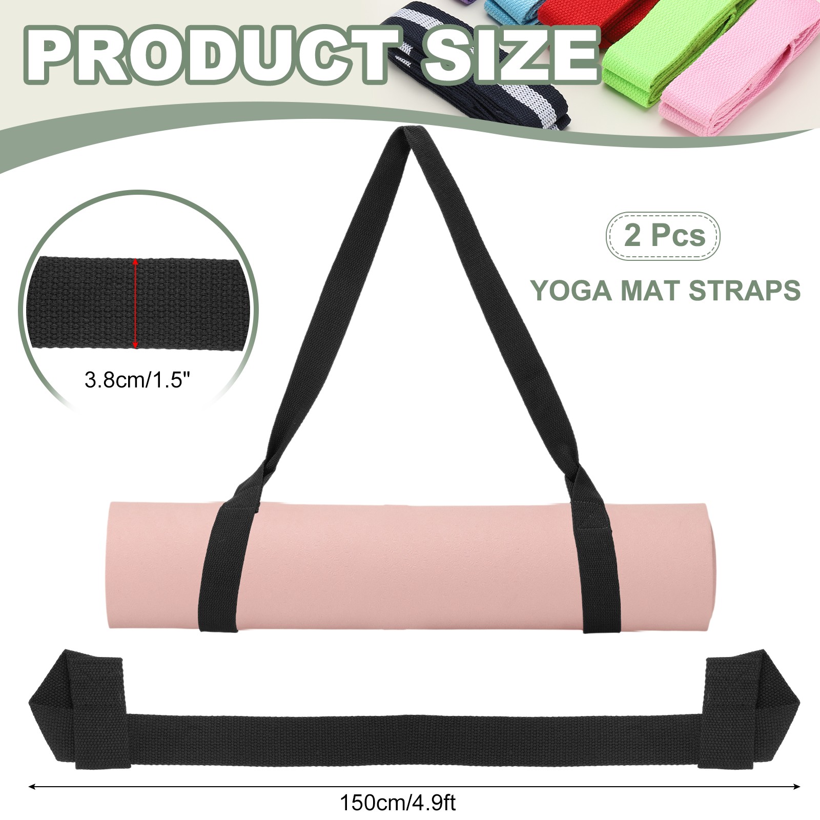 Yoga Mat Straps for Carrying, Adjustable Mat Holder, 2 Pcs & Black