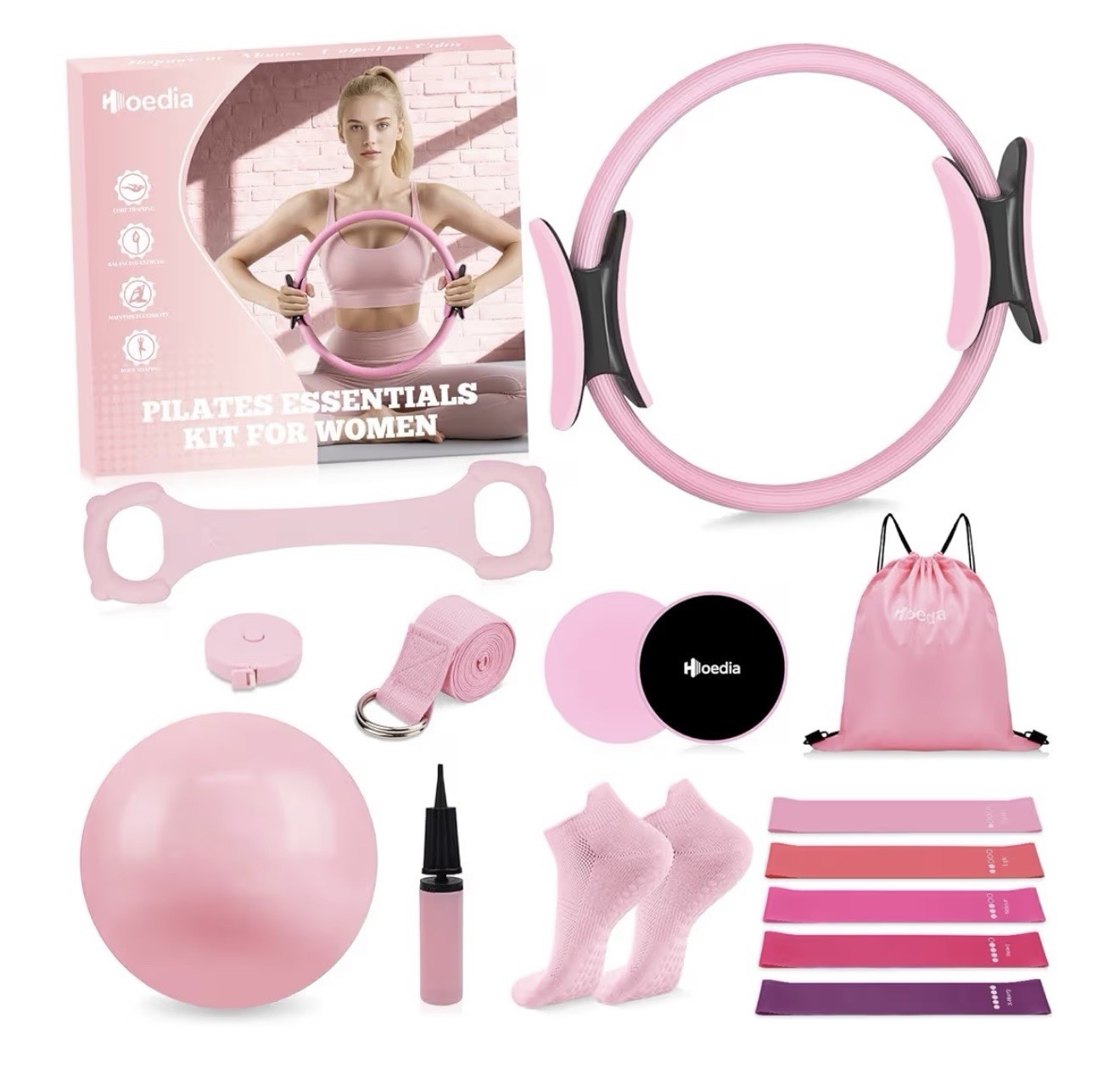 Pilates Kit for Women, 14-Piece Set, Pink, 14&Prime; Ring, Ball, Bands