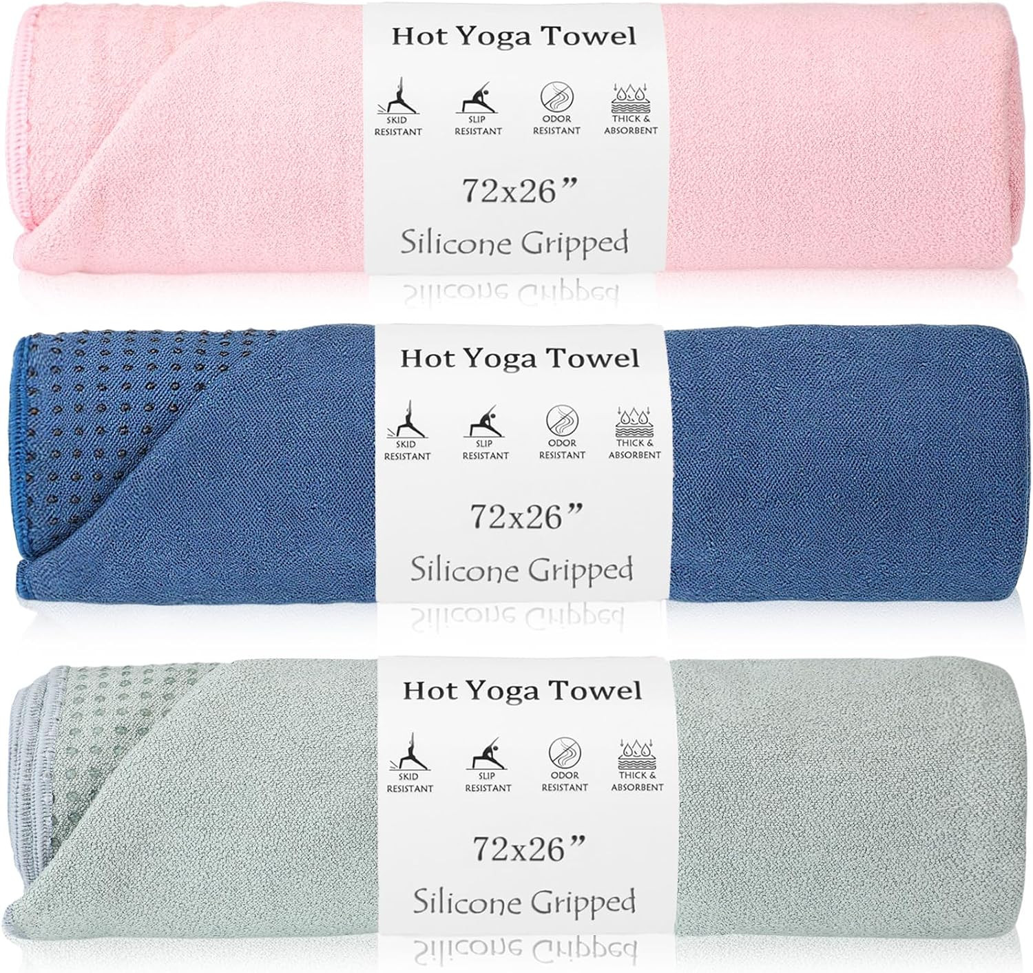 Extra Large Non-Slip Yoga Towel 3 Pack – Microfiber Mat Cover (Pink, Blue, Green