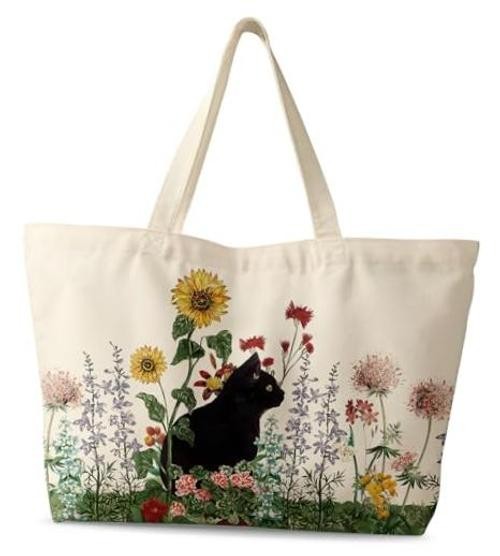 Large Tote Bag for Women – Canvas Tote Bag with Zipper Aesthetic Grass Cat