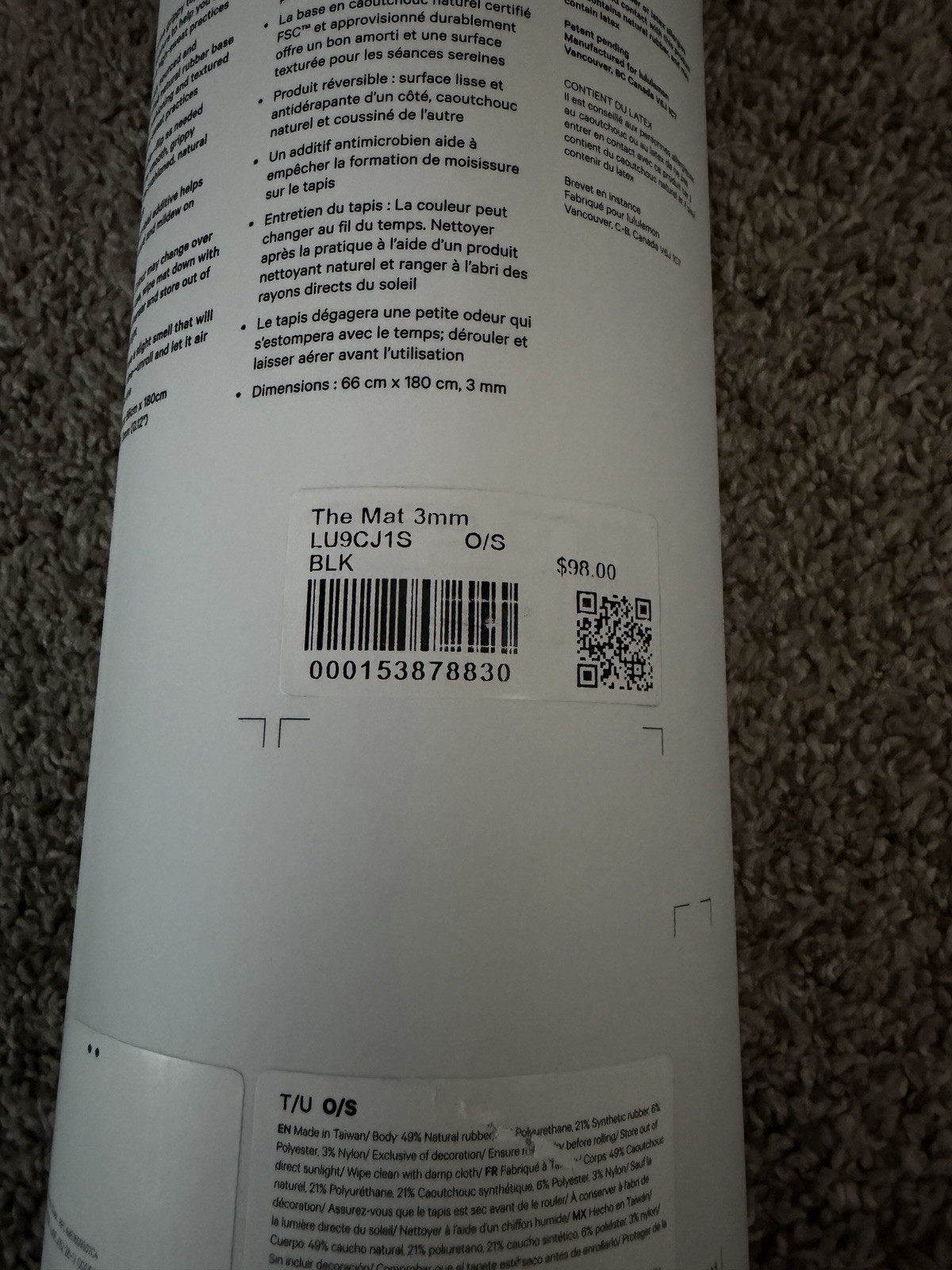 Lululemon Yoga Mat 3mm 26×71 Black