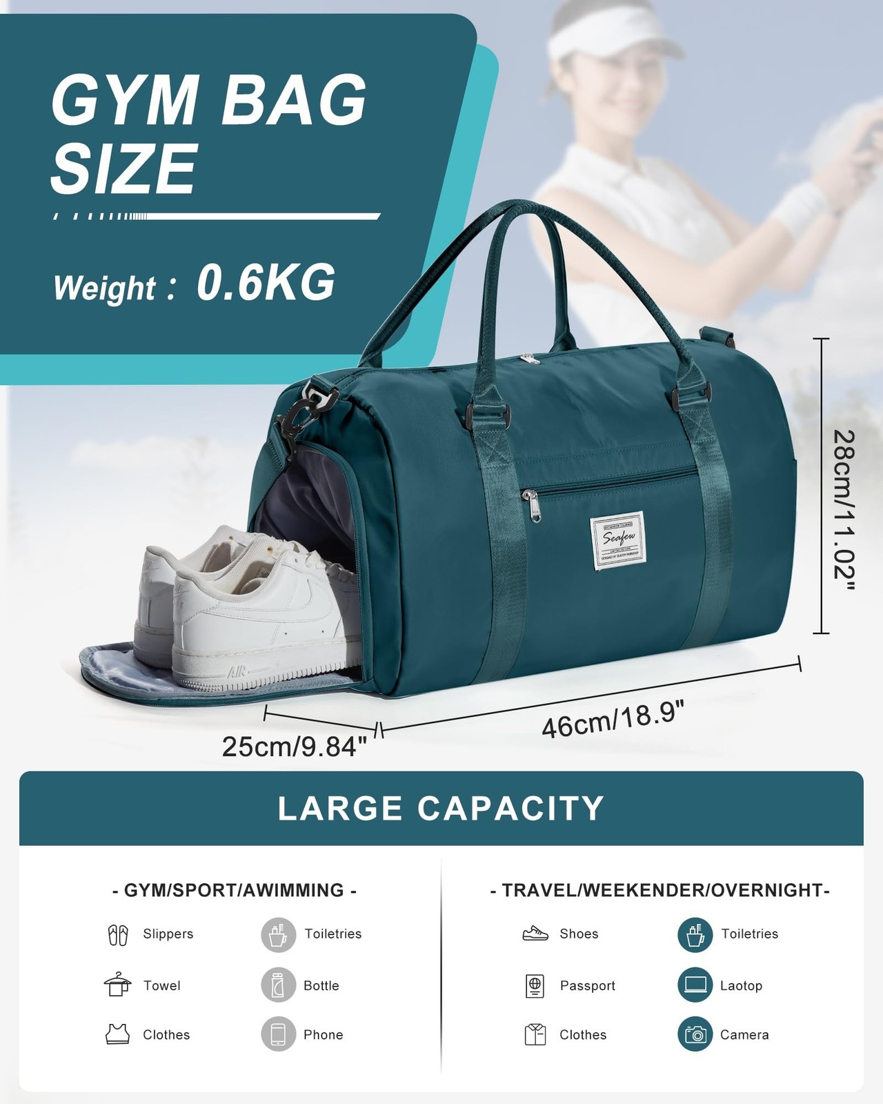 Gym Bag Womens Mens with Shoes Compartment and Wet Pocket Travel Duffel Bag f…