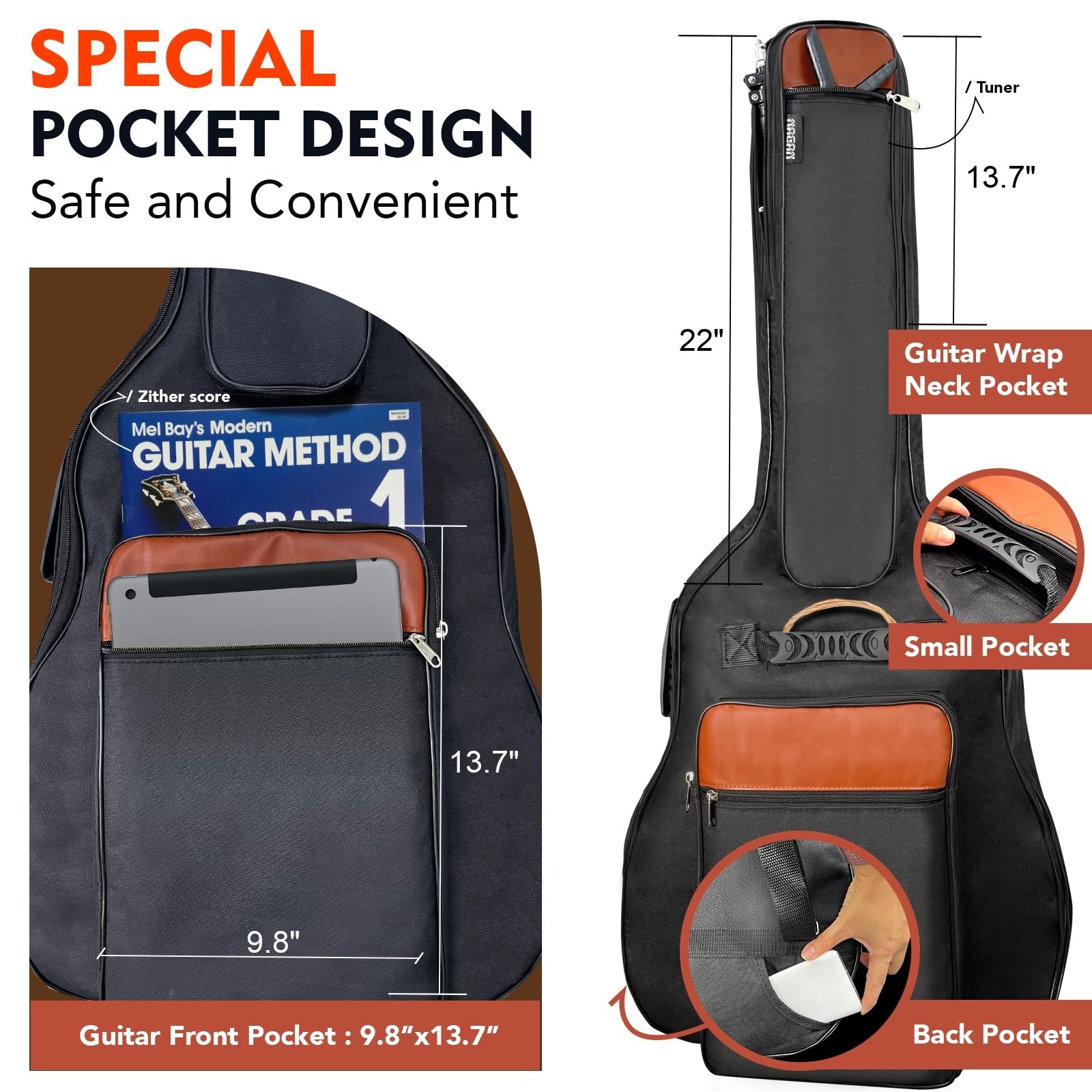 NAGAN Acoustic Guitar Bag with Extra Thick 0.5-inch Padding,40 41 42 inch Gig…