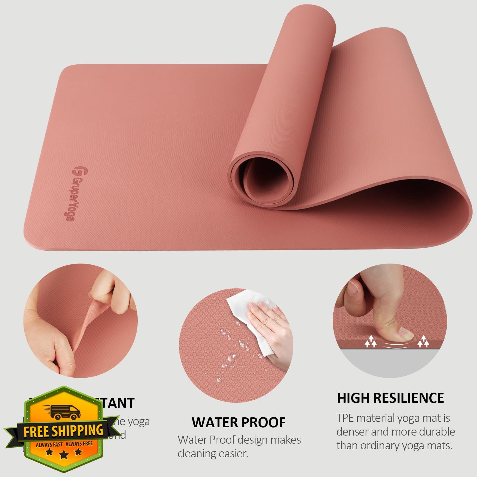 Gruper Non Slip Yoga Mat 72&Prime;x24&Prime; TPE Exercise Mat Carry Strap Bag