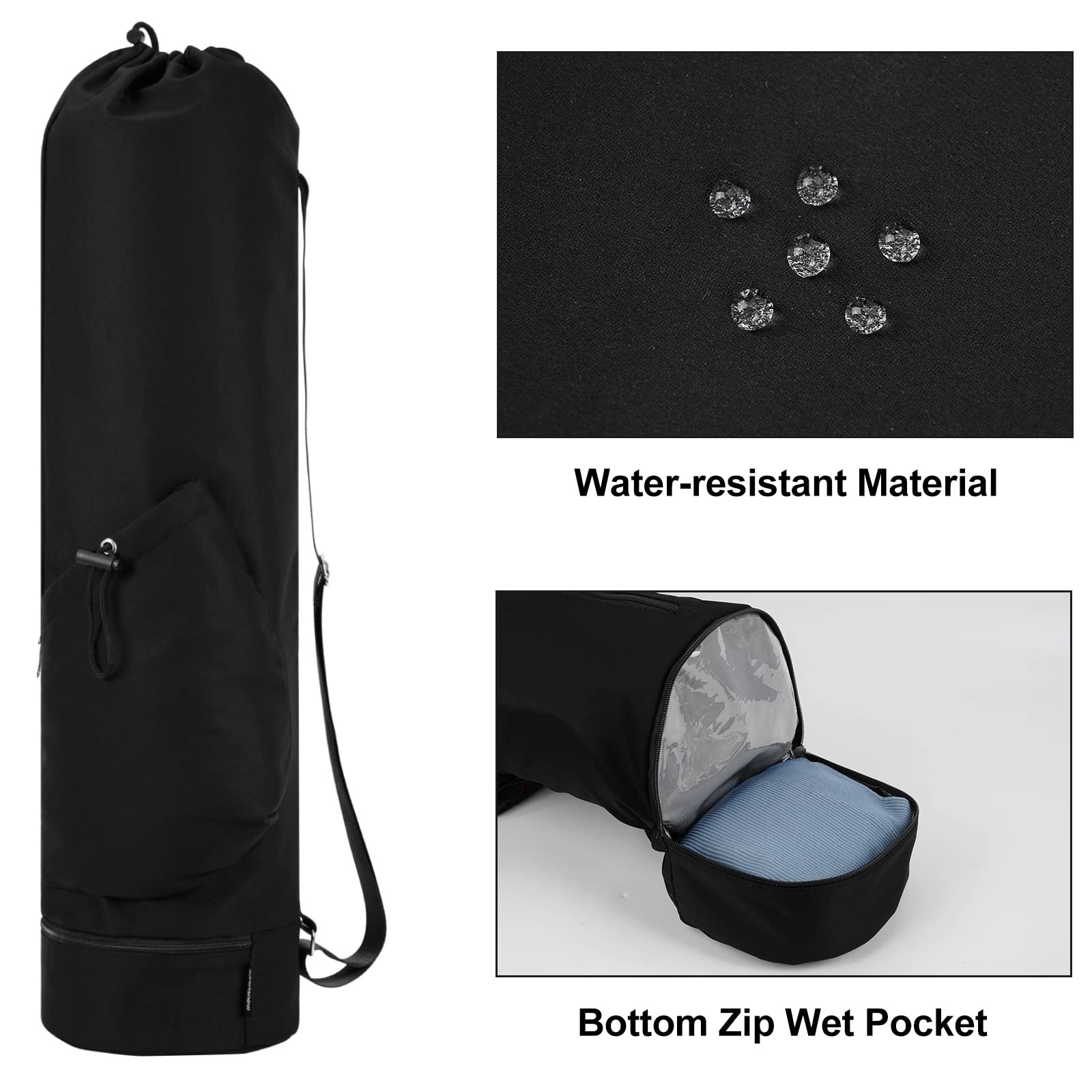sportsnew Yoga Mat Bag with Water Bottle Pocket and Bottom Wet Medium, Black
