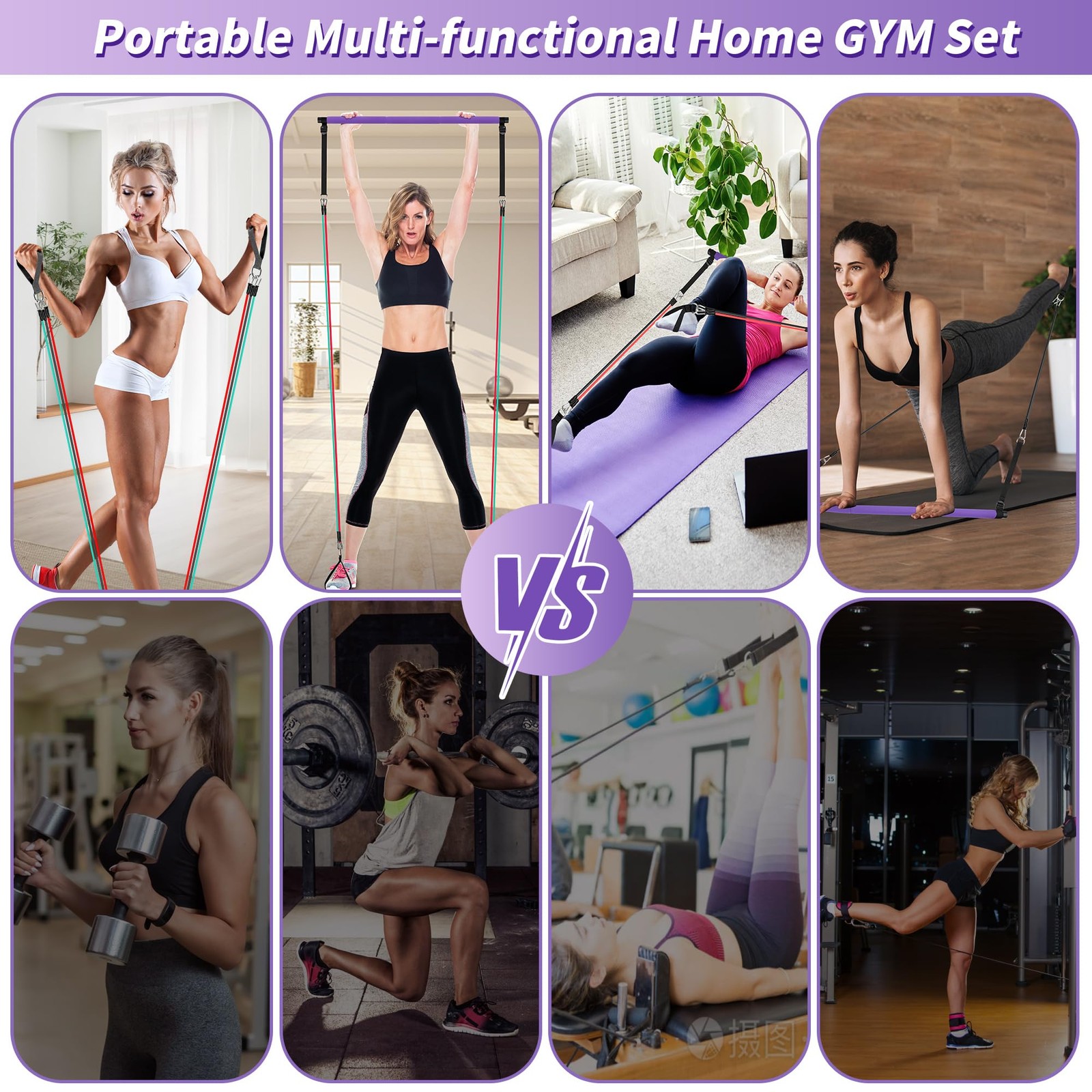 Goocrun Portable Pilates Bar Kit with Resistance Bands for Standard – Purple