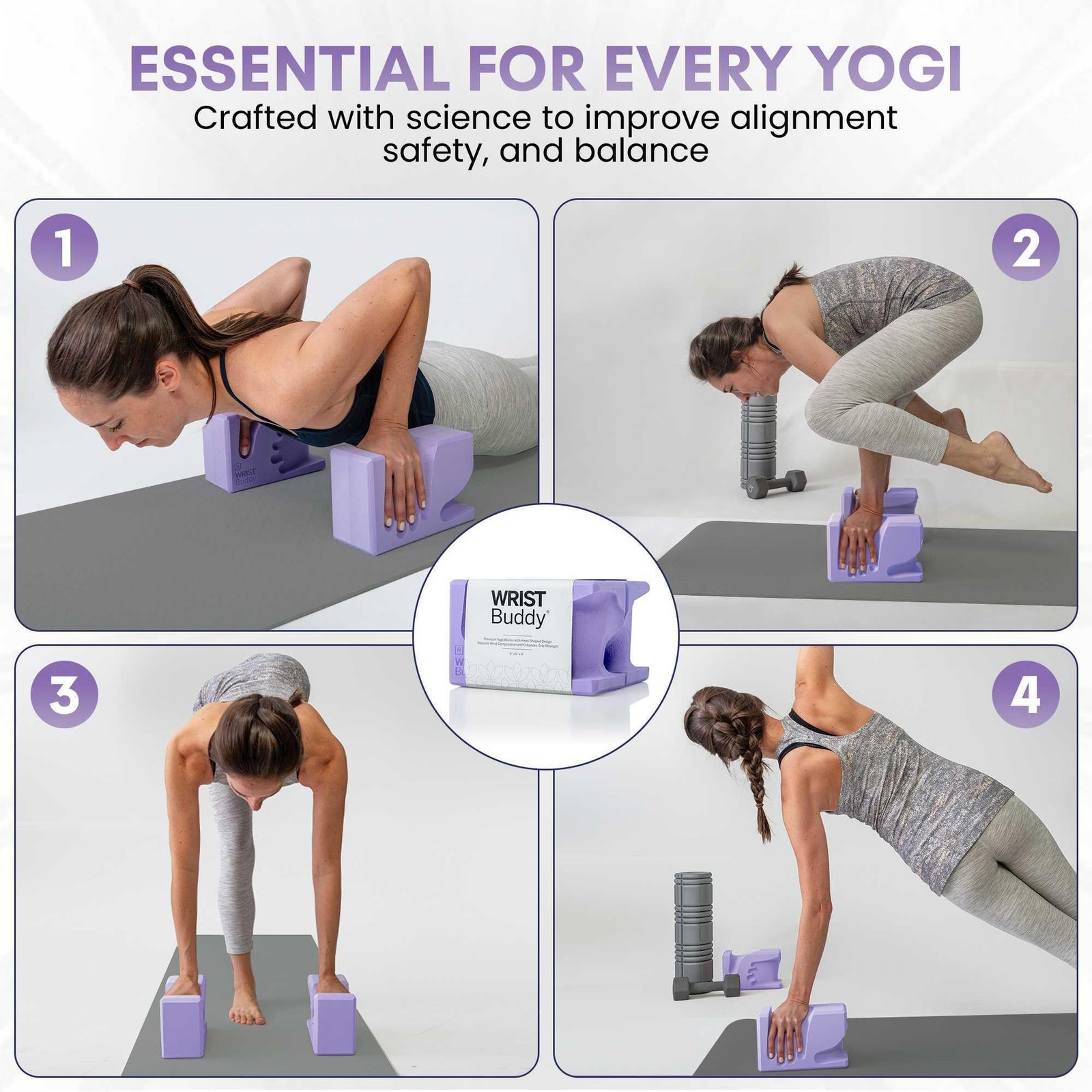 WRISTBuddy® Yoga Blocks 2-Pack (Left + Right) — Ergonomic, 9x6x4 IN, Lavender