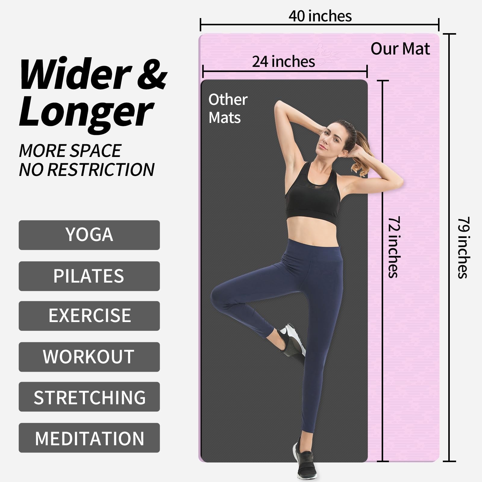 Extra Long TPE Yoga Mat 79&Prime; x 40” x 1/2&Prime; Thick Non-slip Exercise Mat for Home…