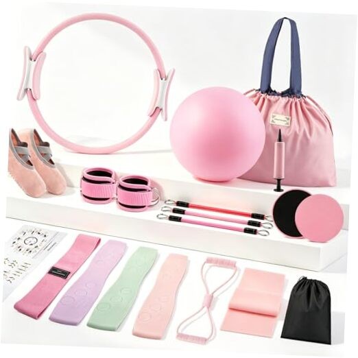 Pilates Kit for Home Workouts, 19-Piece Full Body Fitness Equipment Set Pink