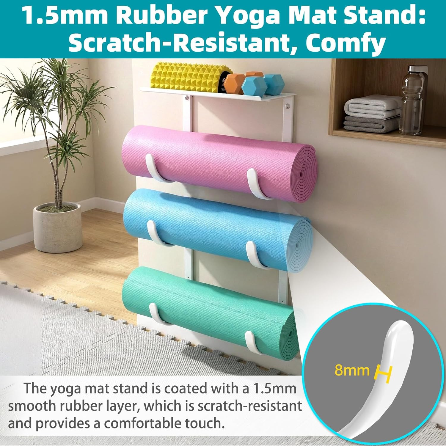 Yoga Mat Holder Wall Mount, No-Tie Pilates Mat Storage Rack with Top Floating Sh