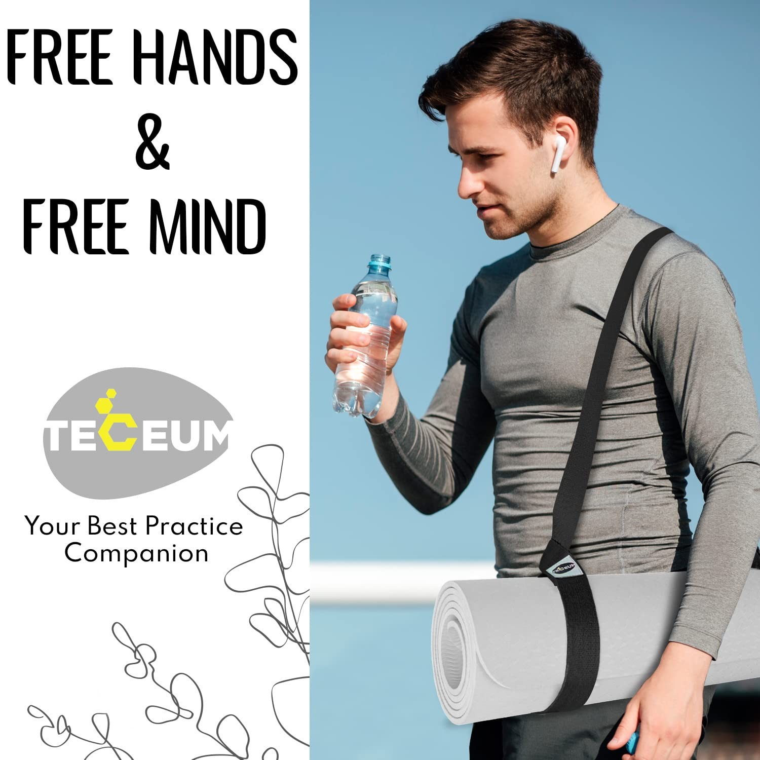 TECEUM Yoga Mat Strap – Black & 30+ Colors – Adjustable 64 IN,