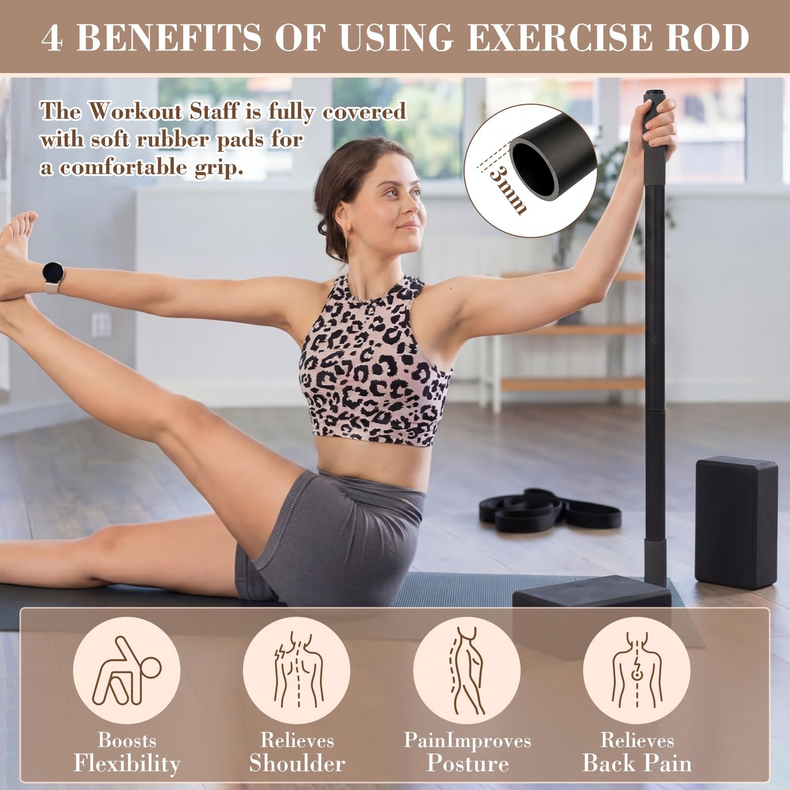 4 Pcs Adjustable Yoga Stick 30/45/60 In with Exercise Strap Yoga Blocks Exerc…