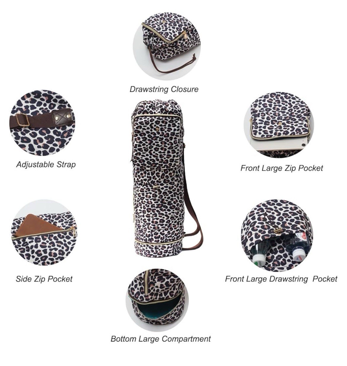 Yoga Mat Bag Carrier Multiple Pockets Leopard Print Large