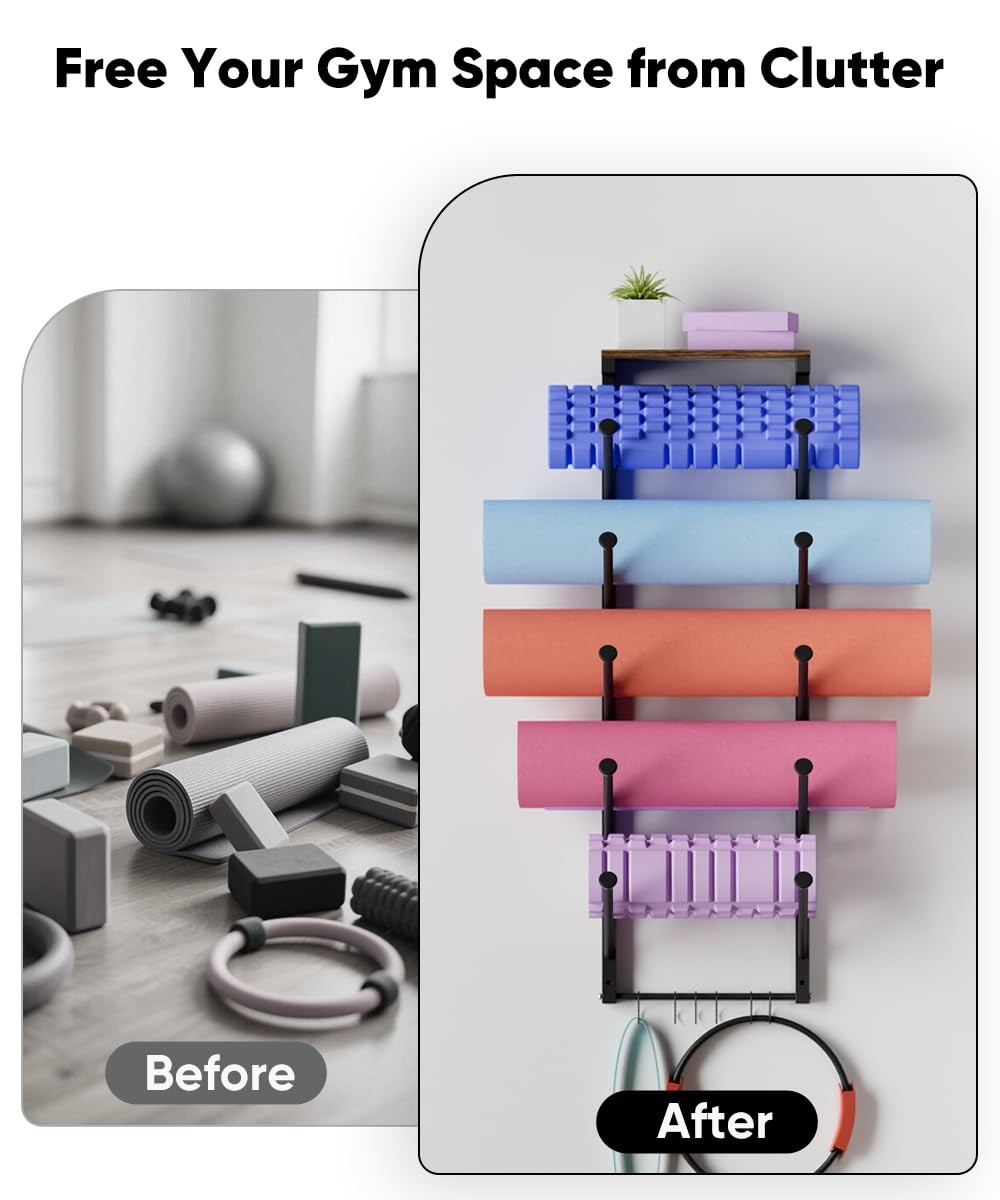 5 Tiers Yoga Mat Holder Rack Wall Mount with 6 Hooks for Hanging Accessory Yo…