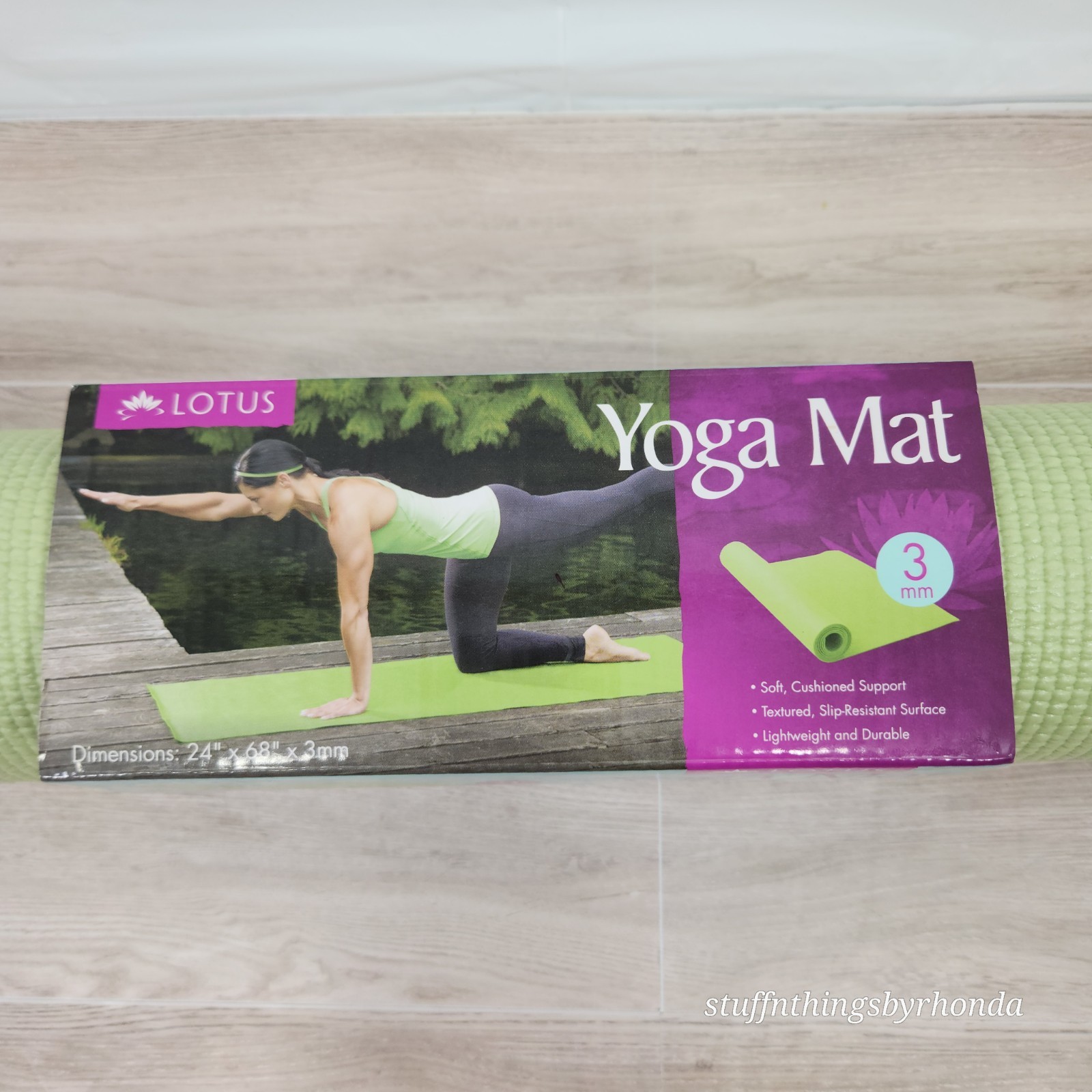 New In Package Lotus Printed Yoga Mat, Green, Lightweight 24&Prime;x68&Prime;x 3mm