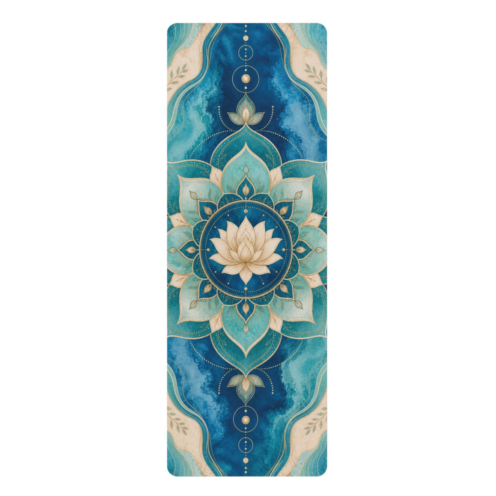 Blue Green Gold Lotus Mandala Rubber Yoga Mat | Floral Meditation Mat