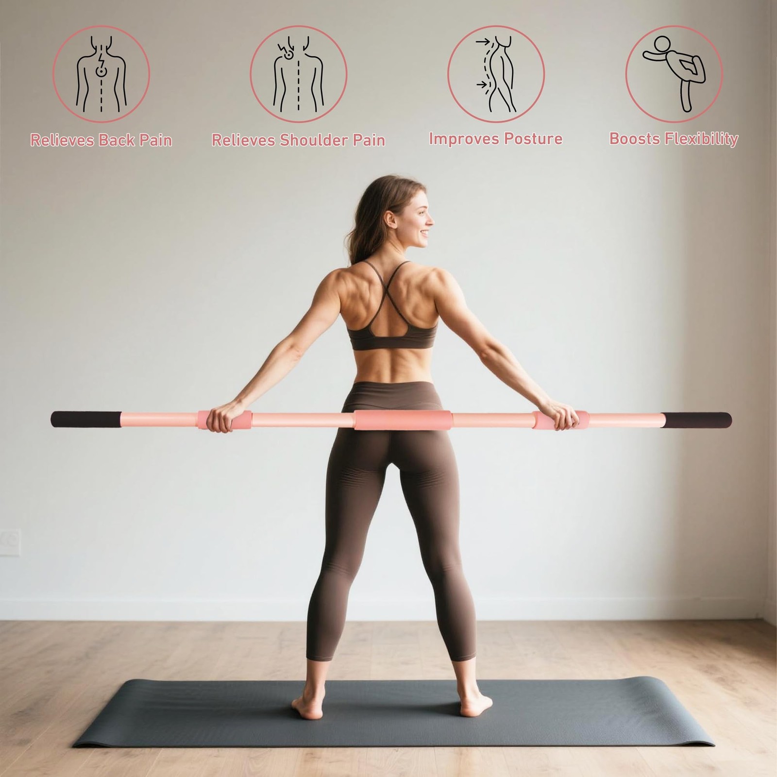 Pink Yoga Stick 58 Inch – Alloy Steel Stretching & Exercise Stick with Neck &…