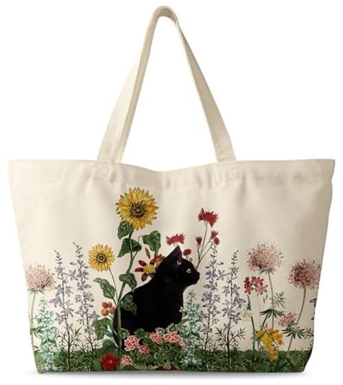 Large Tote Bag for Women – Canvas Tote Bag with Zipper Aesthetic Grass Cat