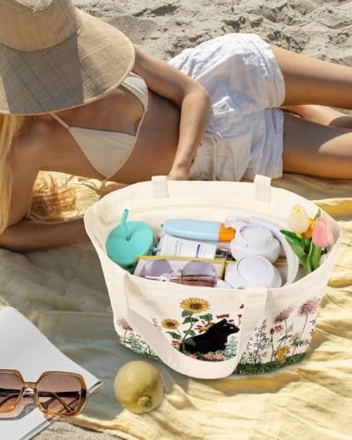 Large Tote Bag for Women – Canvas Tote Bag with Zipper Aesthetic Grass Cat