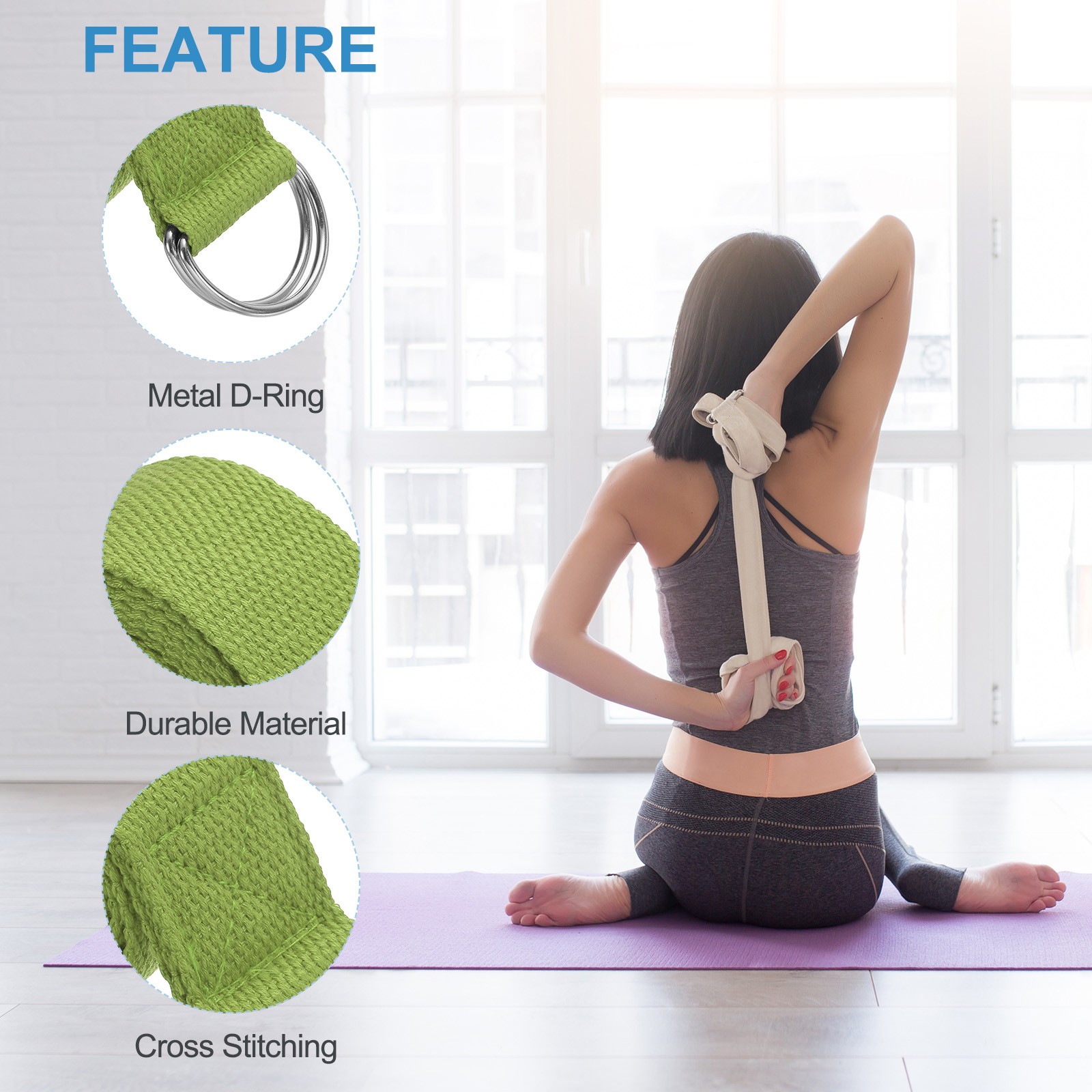3Pcs 8 Feet Cotton Yoga Strap Belt Stretch Bands with D-Ring Buckle, Dark Green