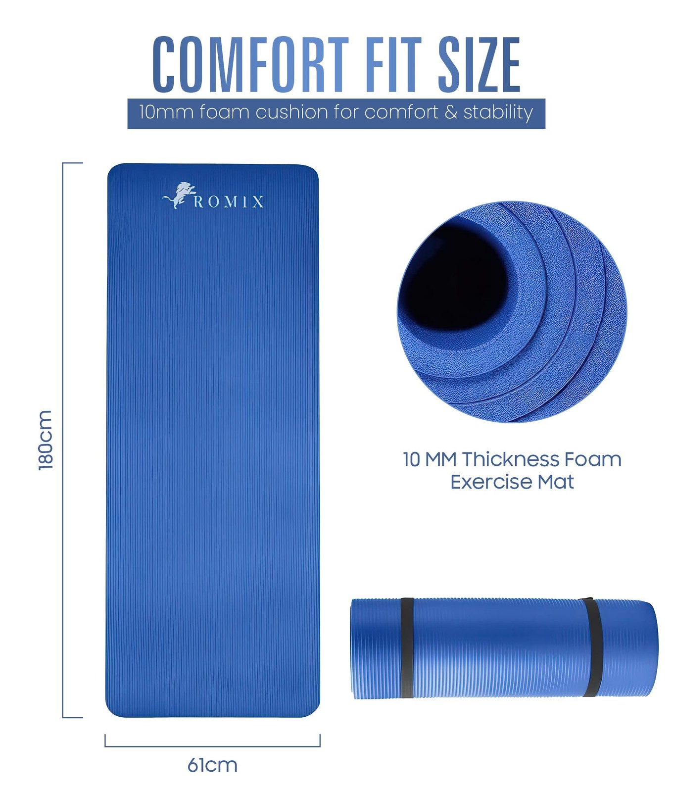 ROMIX Yoga Mat Thick 2/5 Inch (10mm), 72&Prime;L x 24&Prime;W Non-Slip Workout Mat, Blue