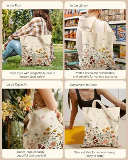 Aesthetic Tote Bag for Women- with Magnetic Buckle and Zipper Retro Flower