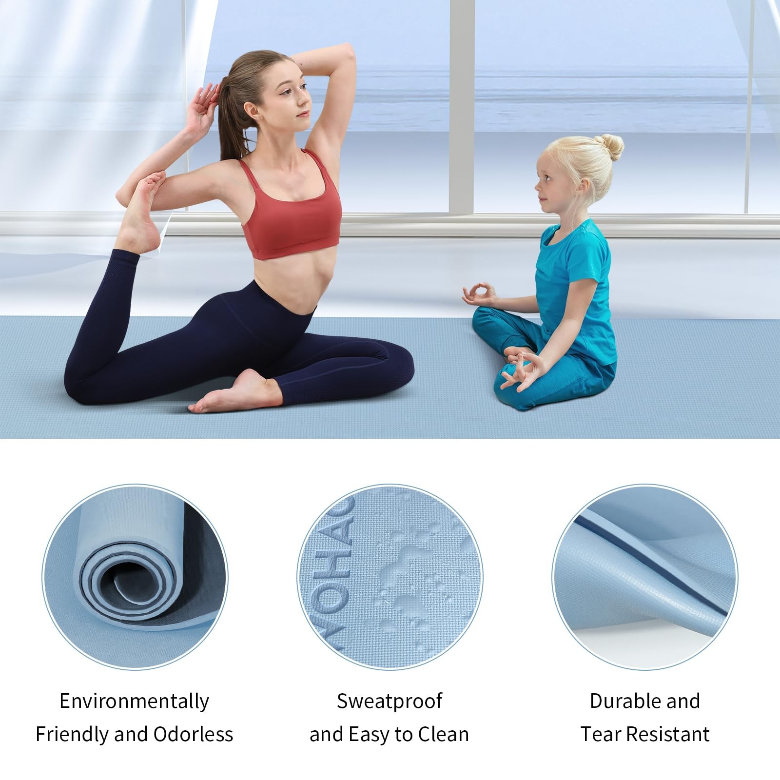 WOHAO Extra Thick 8mm Yoga Mat, 72&Prime;x28&Prime; Non 183*70*0.8cm, Blue-gray+Navy blue