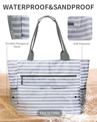 Beach Bag-Waterproof Sandproof Beach Totes with zipper Large Grey Stripe