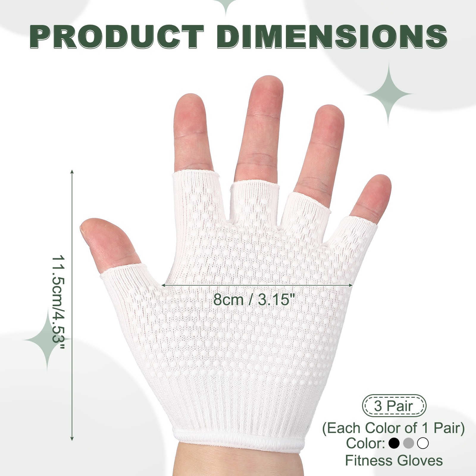 3Pairs Yoga Gloves, Non Slip Fingerless Pilates Gloves, Black/Grey/White