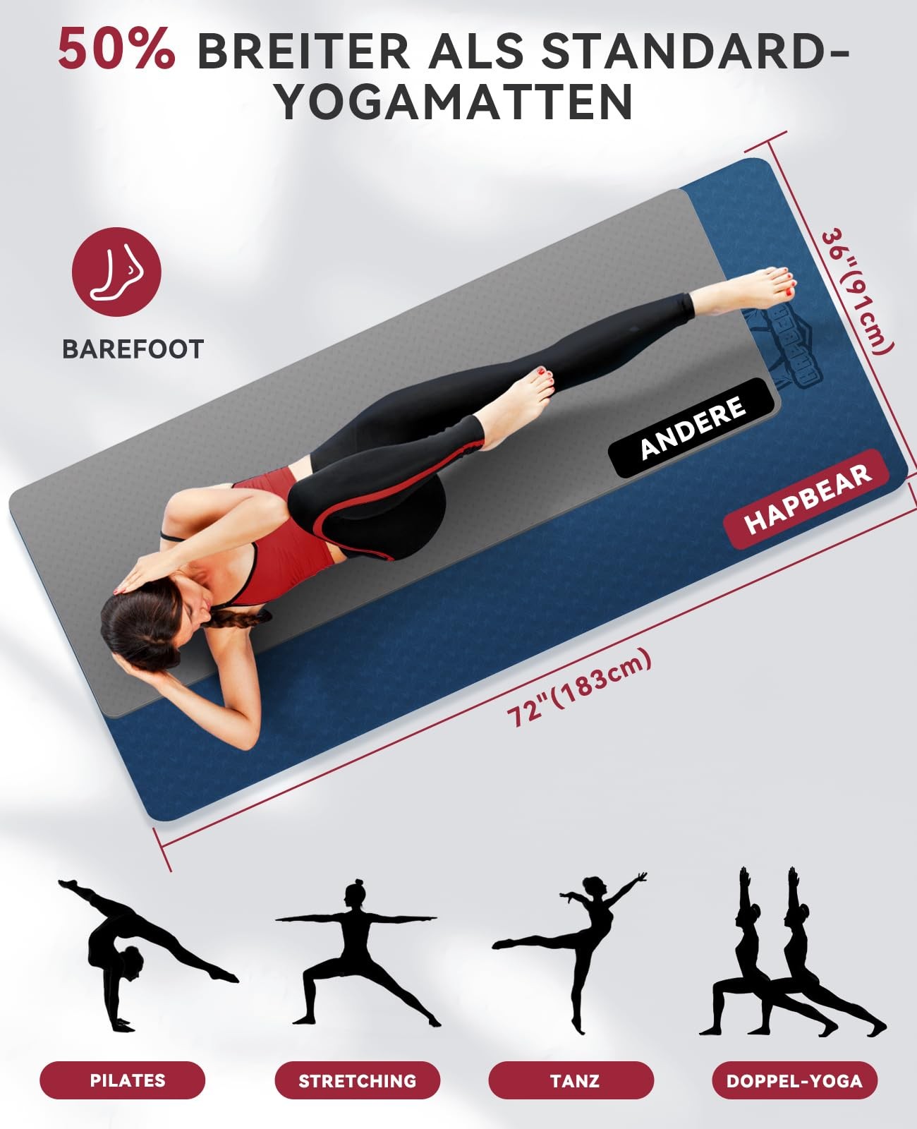 Yoga Mat XXL183cmx91cmx6mm Thickness, Extra Large Non Slip Wide Yoga Mat, Gy…