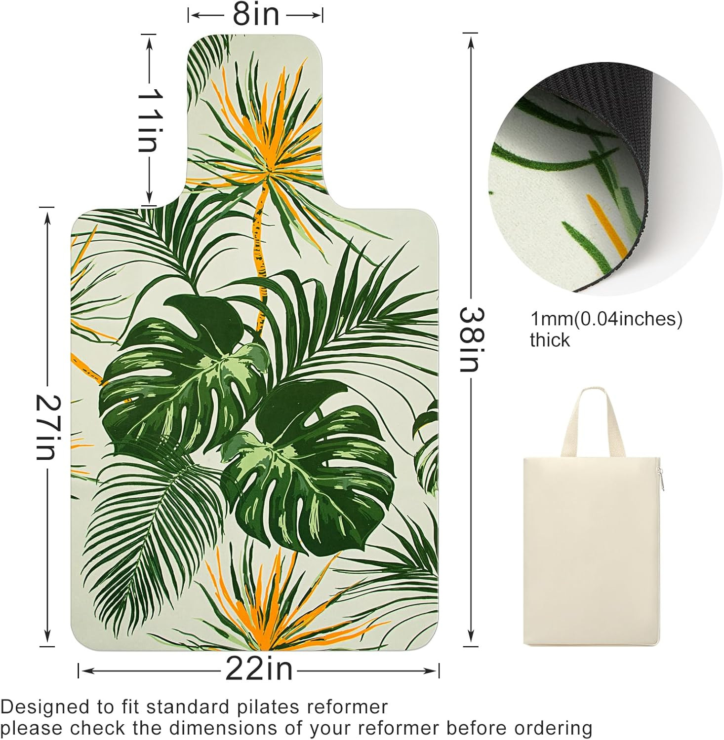 Non-Slip Pilates Reformer Mat Cover with Carry Pouch – Green Leaf Design