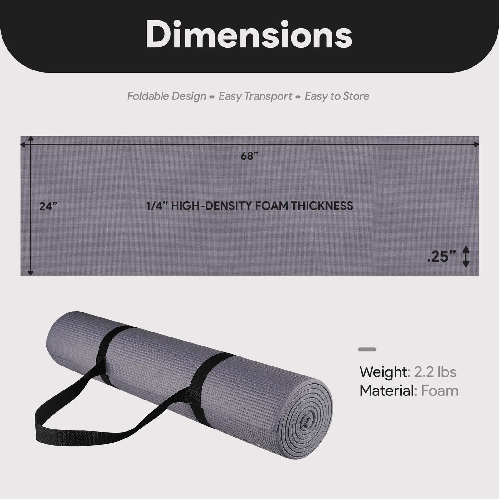 Fitvids 1/4” High Density Thick Non Slip Workout Yoga Mat and Carry Strap, Grey