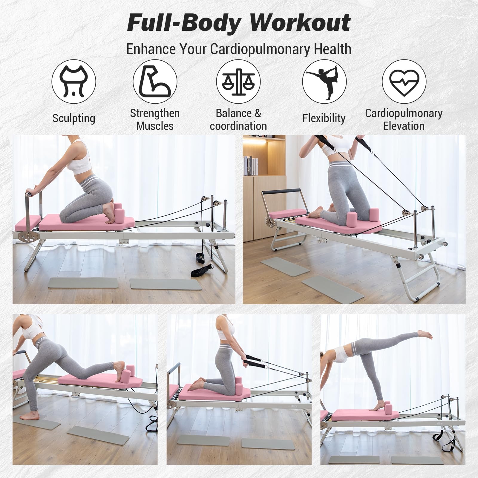 Foldable Pilates Reformer Machine with Resistance Springs Fit for Home & Gym Use