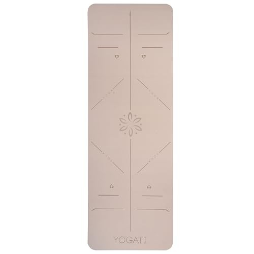 Yoga Mat with Strap with Alignment Lines. Home Workout Mat for Women, Brown