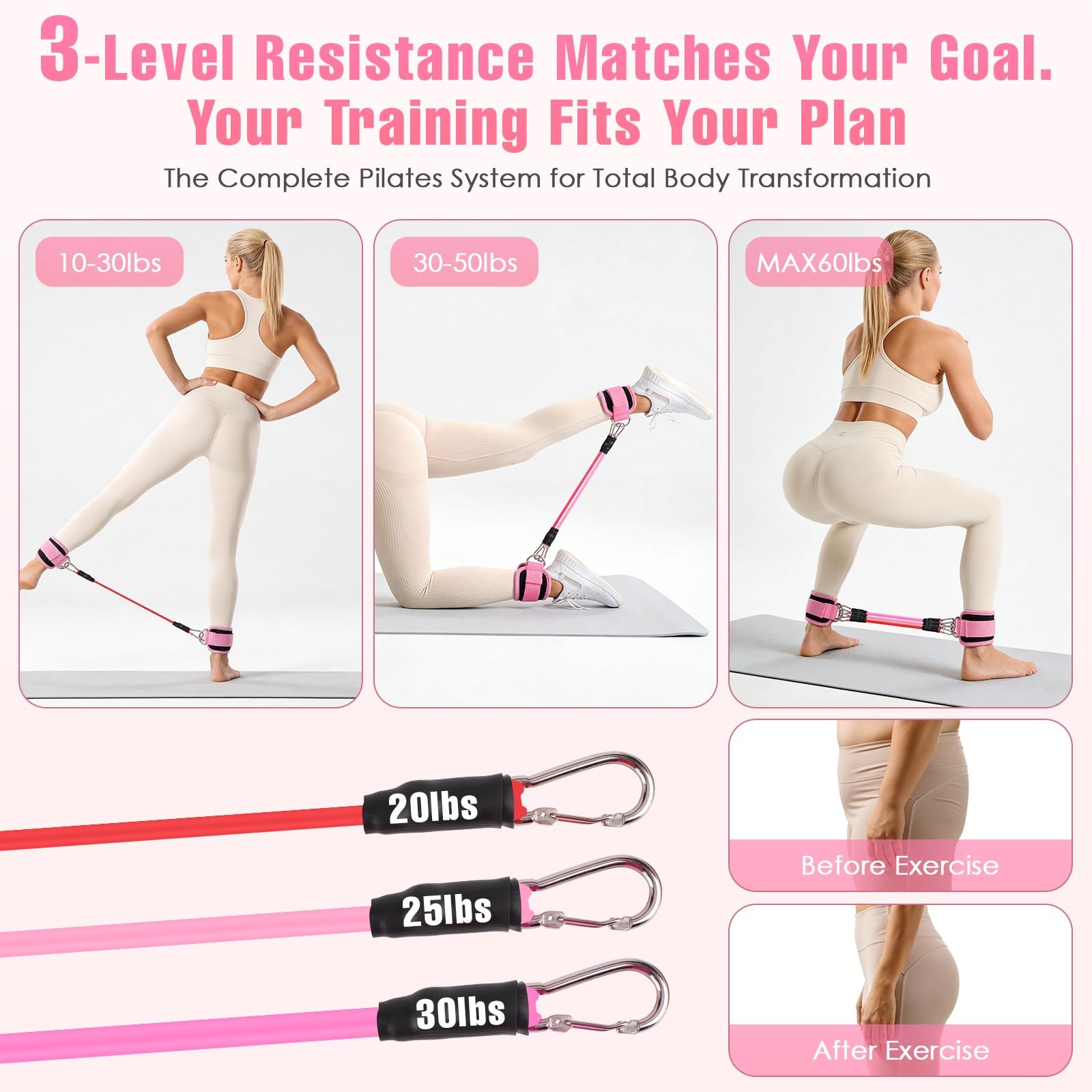 Pilates Equipment, Kit for Home Workouts, Pink