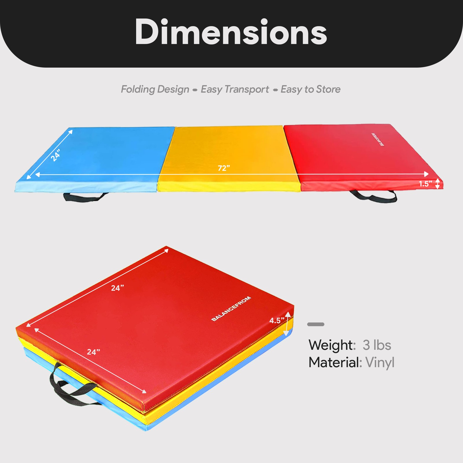 BalanceFrom Fitness GoGym 1.5&Prime; Thick Folding 3 Panel Gym Fitness Mat, Multicolor
