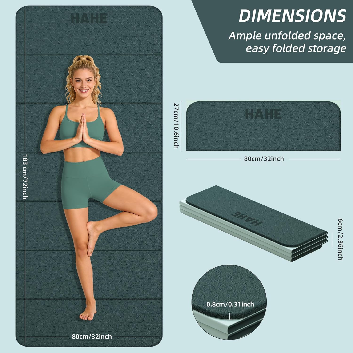 Foldable Yoga Exercise Mat, 74&Prime;Lx32&Prime;Wx1/3&Prime;Thick, TPE Multi-Purpose Workout Mats