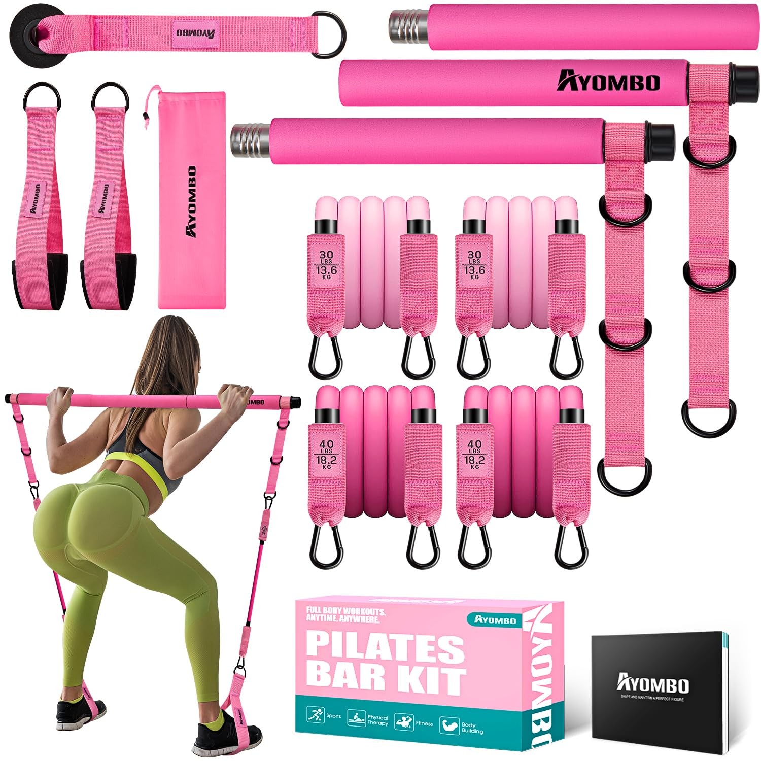 Ayombo Pilates Bar Kit with Resistance Bands, At Home Workout Equipment, Pink