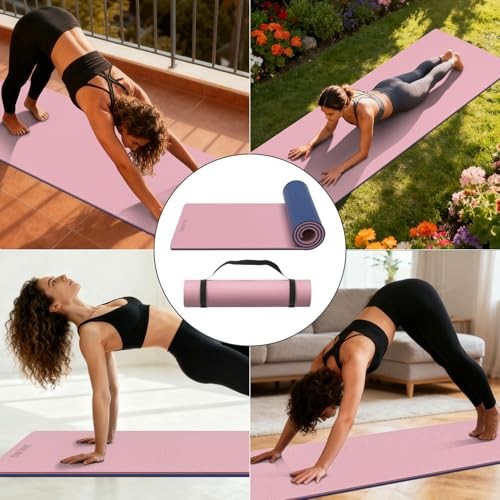 Extra Thick 12mm TPE Exercise Yoga Mat with Strap, 1/2 Inch Pink + Navy Blue