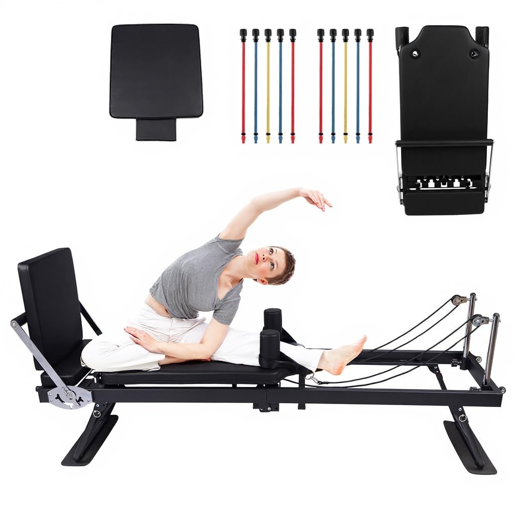 Foldable Pilates Reformer Machine with Wheels, Adjustable Armrests & Headrest