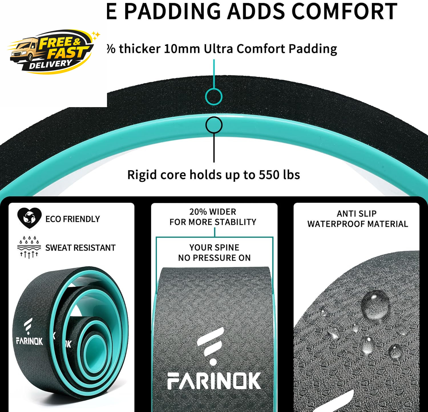 Yoga Wheel Set of 3+1, Upgraded 10MM Thick Back Wheels for Pain Relief & Stretch