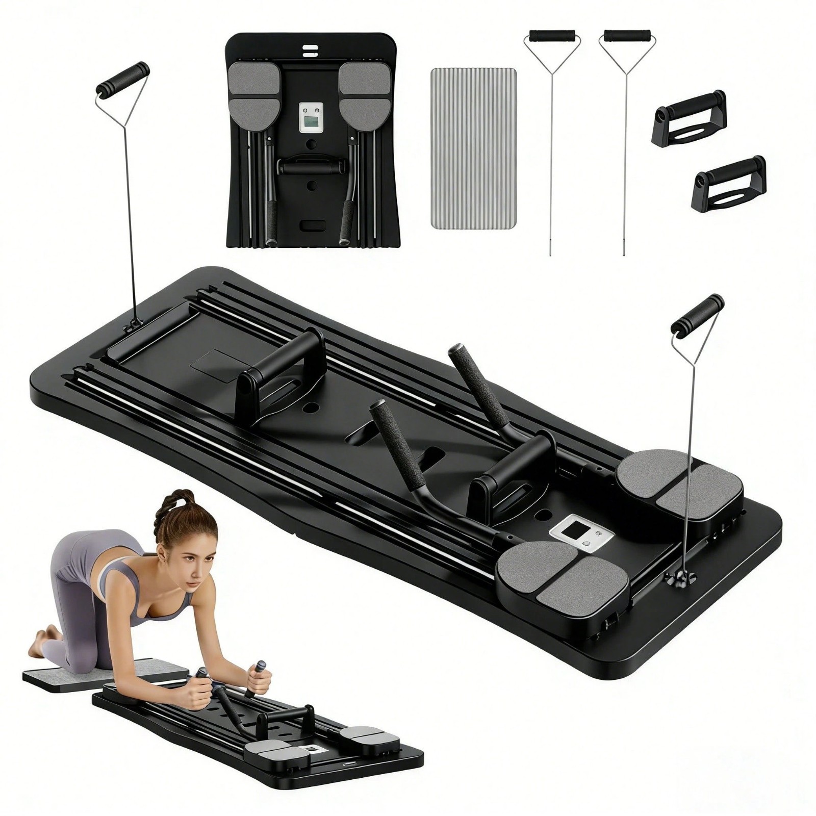 New Sleek Pilates Reformer Board 4 In 1 Foldable Black Home Gym Body Sculpt