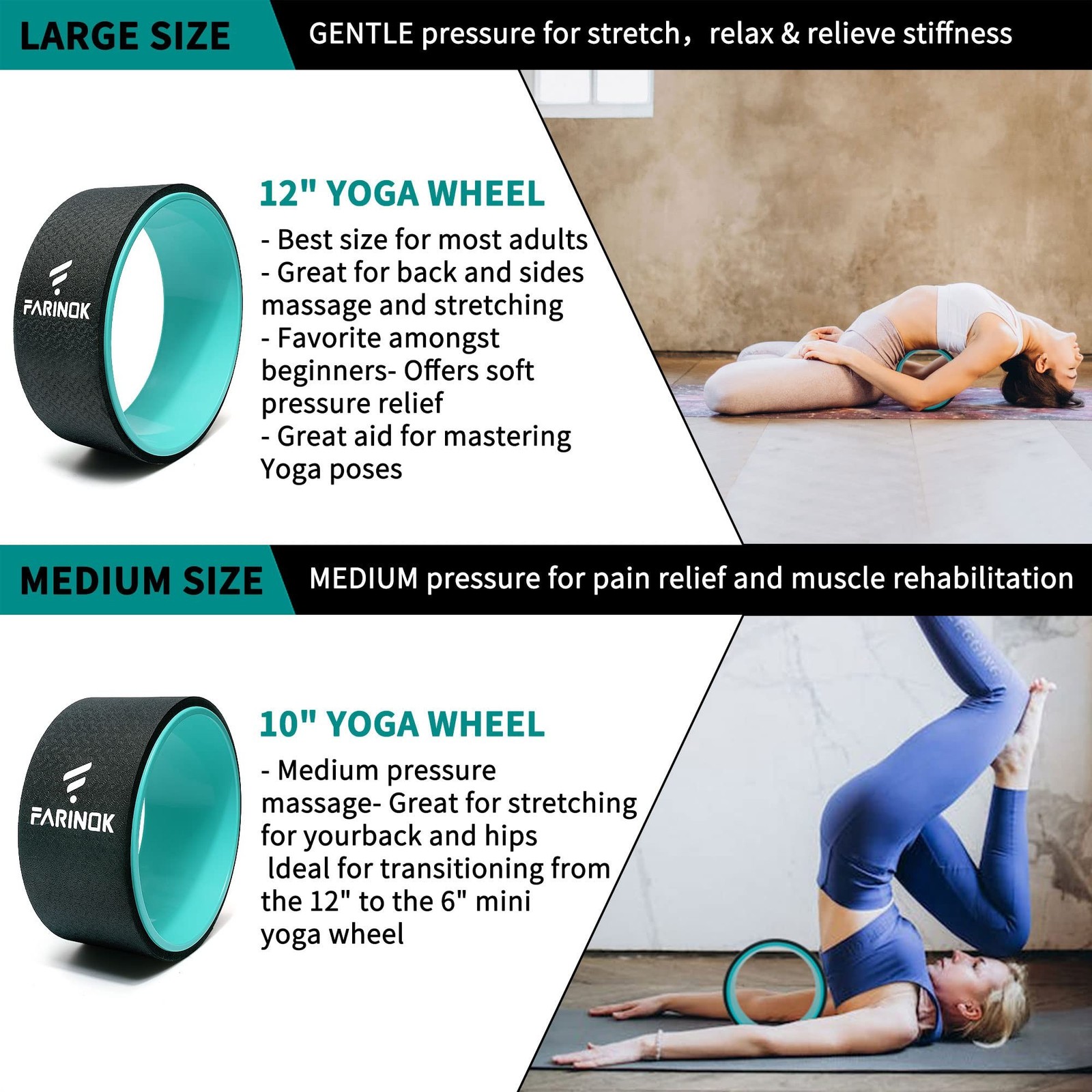 Yoga Wheel Set of 3+1, Upgraded 10MM Thick Back Wheels for Pain Relief & Stre…