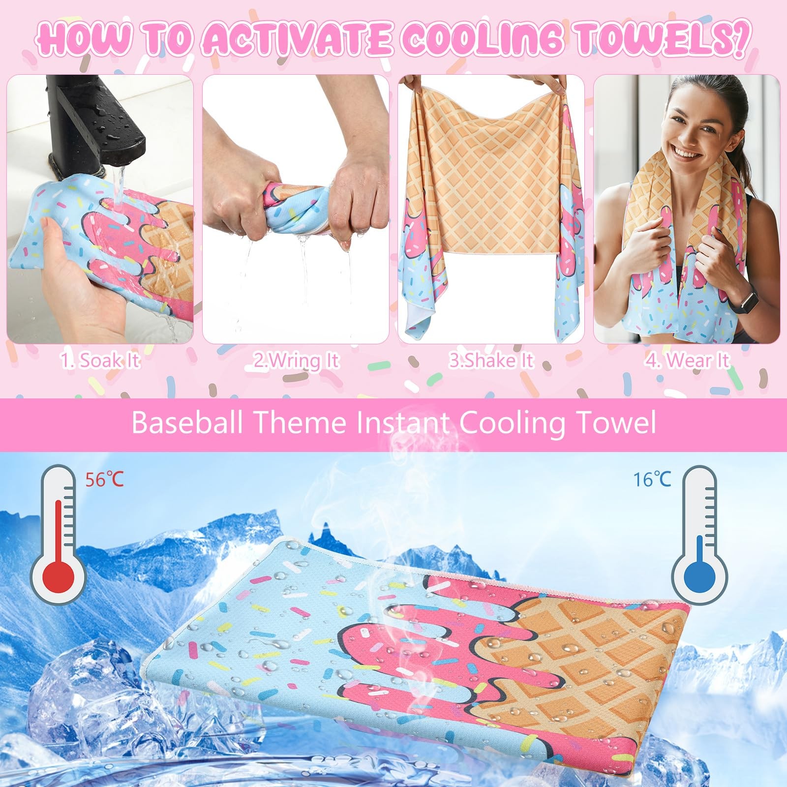 Hahafelt 12 Pack Ice Cream Drip Baseball Cooling Towels For Boys Ice Cream