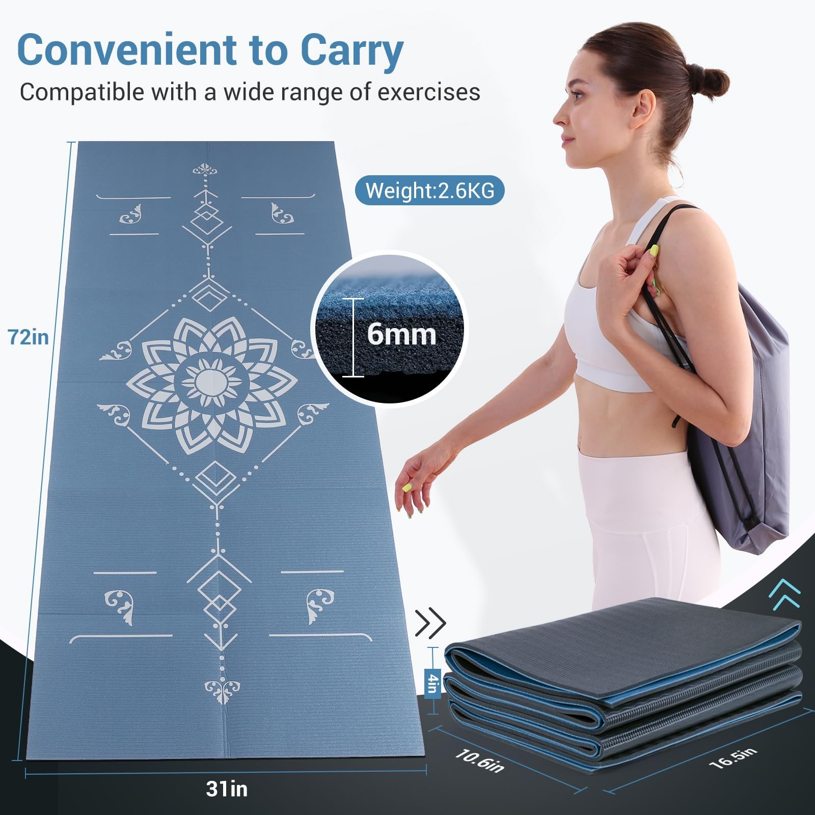 Travel Yoga Mat Foldable | 6mm Thick Large Pilates Mat Print | Non-Slip High Den